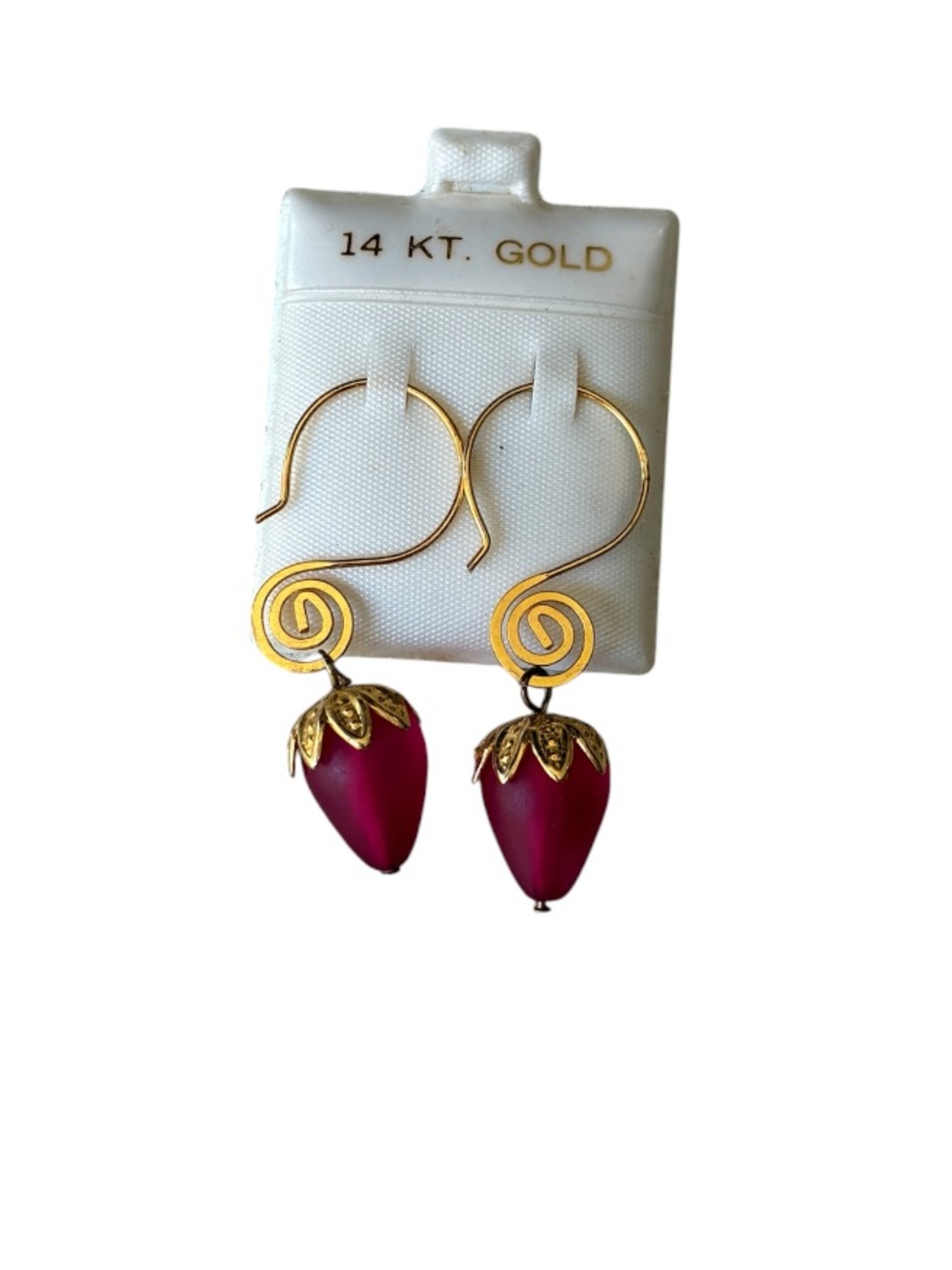 Women's NWT 14KT Gold Red Strawberry Drop Earrings Spiral Hook Dangle